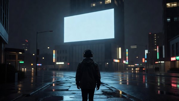 Pedestrian wearing headphones on a rain-wet city street at night, facing a large blank digital billboard