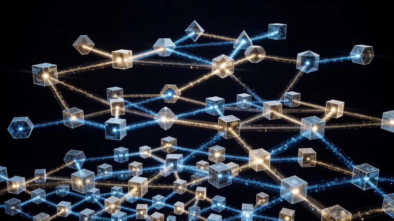 Abstract data flow visualization with interconnected nodes representing agentic advertising system architecture