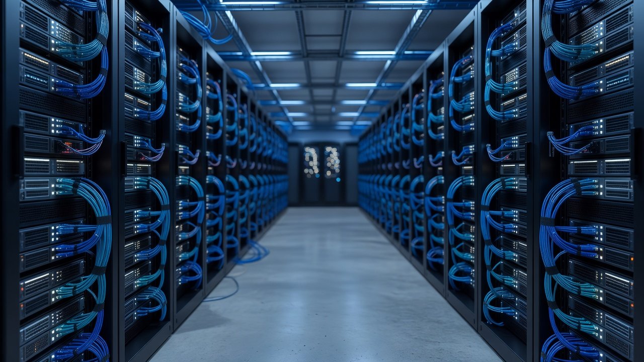 Server racks with fiber patch cabling in a data center aisle under blue lighting