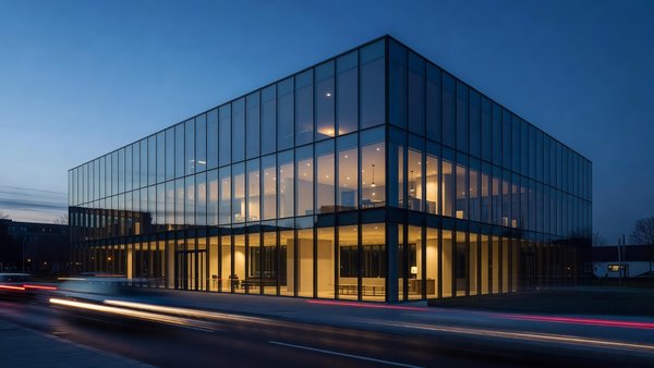 Glass-fronted European government building at dusk with light trails from traffic in the foreground